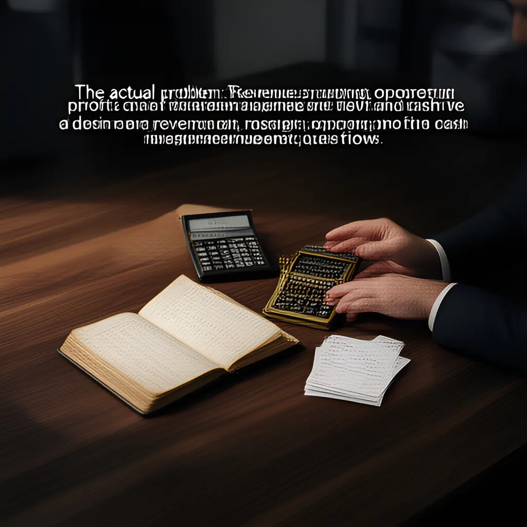 Editorial photograph of a founder at a real worktable comparing a paper ledger, a calculator and a few invoices in a quiet, naturally lit office, photographed in a wide establishing composition. Supports the section "The actual problem" in "Profitability: Separate Margin, Fixed Costs, and Cash Timing".