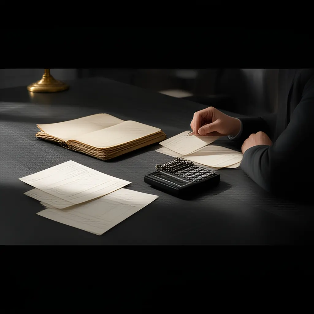 Editorial photograph of a founder at a real worktable comparing a paper ledger, a calculator and a few invoices in a quiet, naturally lit office, photographed in a wide establishing composition. Supports the section "What a proposal is supposed to do" in "Proposal".