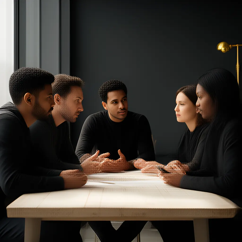 Editorial photograph of a small startup team in a candid working discussion around a shared table, natural expressions, restrained modern office, wide composition. Supports the section "What the plan includes" in "Quarterly Growth Plan".