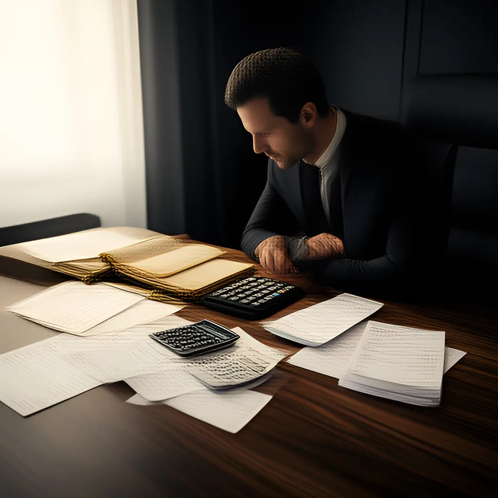 Editorial photograph of a founder at a real worktable comparing a paper ledger, a calculator and a few invoices in a quiet, naturally lit office, photographed in a wide establishing composition. Supports the section "The right buyer is part of the exit decision" in "What Should a Founder Ask a Potential Acquirer Before Signing an LOI?".