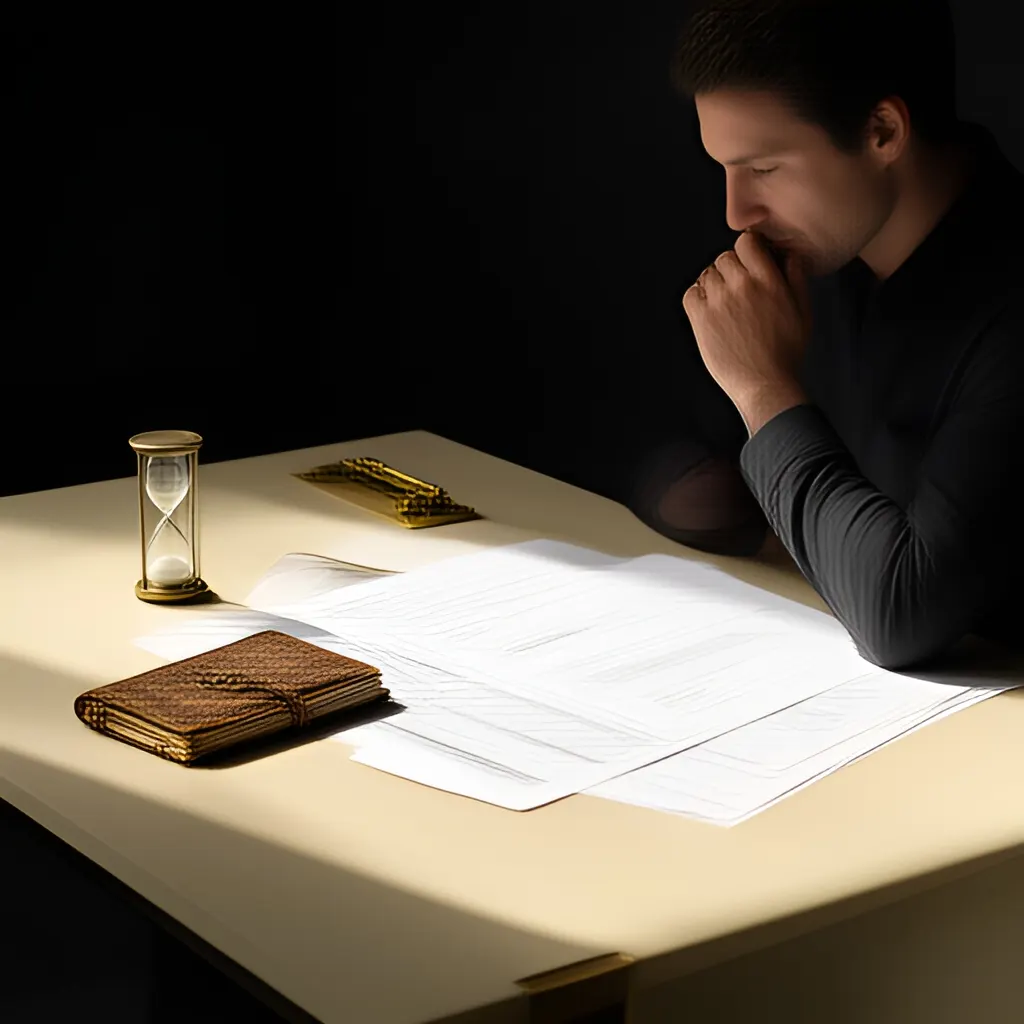 Editorial photograph of a founder studying a real working document and a relevant physical object on a warm ivory desk in a restrained modern workspace, natural candid wide editorial composition. Supports the section "The actual problem" in "Raise Capital Only When the Next Milestone Can Be Measured".