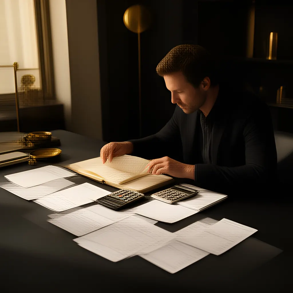 Editorial photograph of a founder at a real worktable comparing a paper ledger, a calculator and a few invoices in a quiet, naturally lit office, photographed in a wide establishing composition. Supports the section "The amount should follow the next proof point" in "Do Not Raise Money Until You Know What the Money Must Prove".