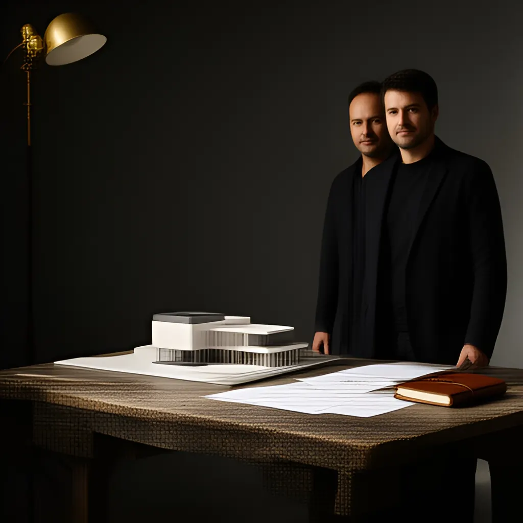 Editorial photograph of a founder standing beside a worktable with a physical prototype and a few neatly arranged planning notes in a calm studio, wide editorial composition. Supports the section "Raise from the right people" in "Raising Money".