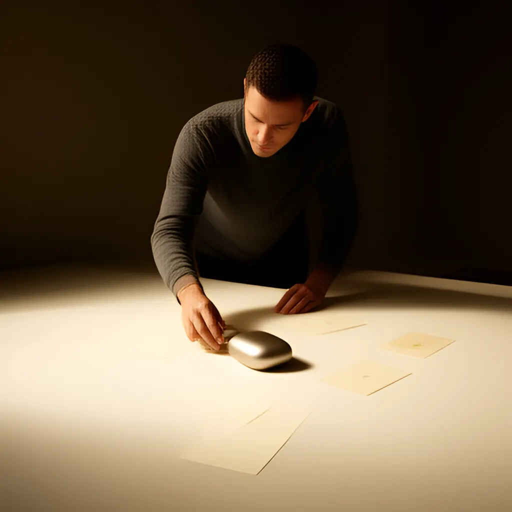 Editorial photograph of a founder arranging several blank paper cards and a simple product sample on a warm ivory studio table while considering brand direction, wide editorial composition, no legible writing. Supports the section "Two different product stories" in "Ratan Tata: The Difference Between an Ambitious Product Idea and a Viable Business".