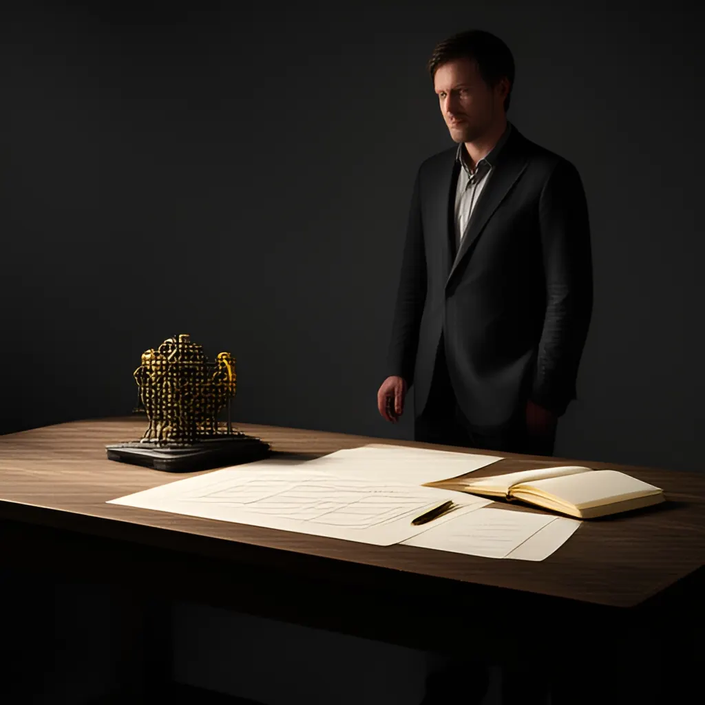 Editorial photograph of a founder standing beside a worktable with a physical prototype and a few neatly arranged planning notes in a calm studio, wide editorial composition. Supports the section "The actual problem" in "Recover Clarity by Rewriting the Decision, Not the Mission".
