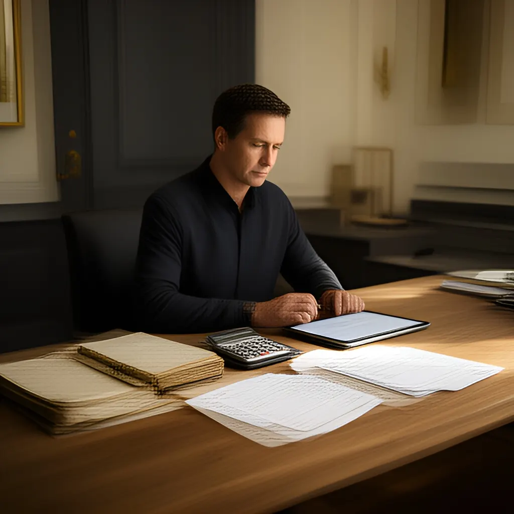 Editorial photograph of a founder at a real worktable comparing a paper ledger, a calculator and a few invoices in a quiet, naturally lit office, photographed in a wide establishing composition. Supports the section "Two products with different operating systems" in "Reed Hastings and Netflix: Managing a Business Model While the Medium Changes".