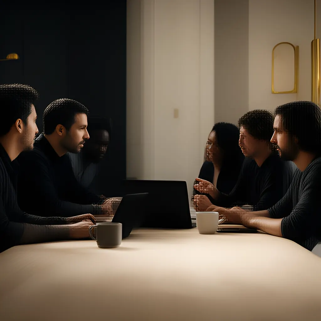 Editorial photograph of a small startup team in a candid working discussion around a shared table, natural expressions, restrained modern office, wide composition. Supports the section "The problem may not be remote work" in "How to Make a Remote Team Work Without Adding More Meetings".