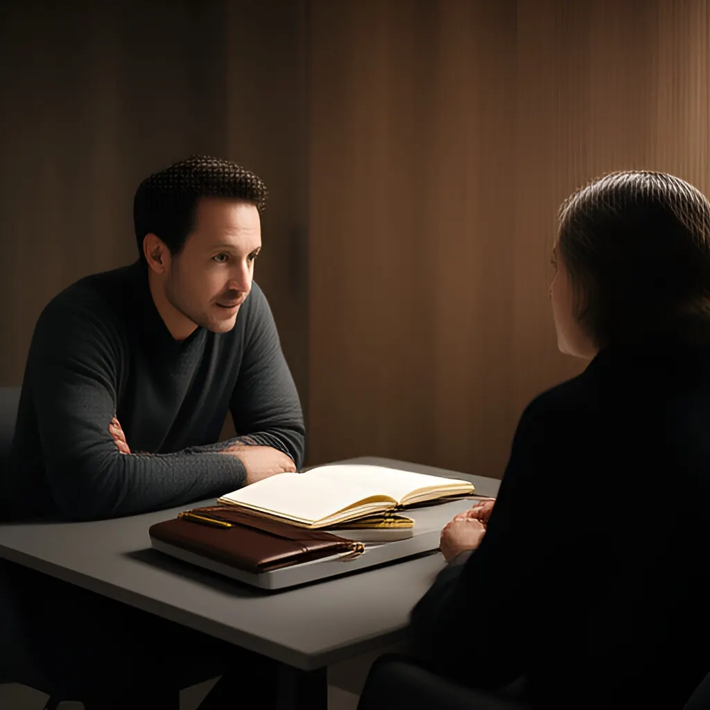 Editorial photograph of a founder listening carefully to a customer across a small meeting table with an open notebook and a real product sample, natural candid wide composition. Supports the section "Write down the operating system" in "How do I build a remote team that works?".