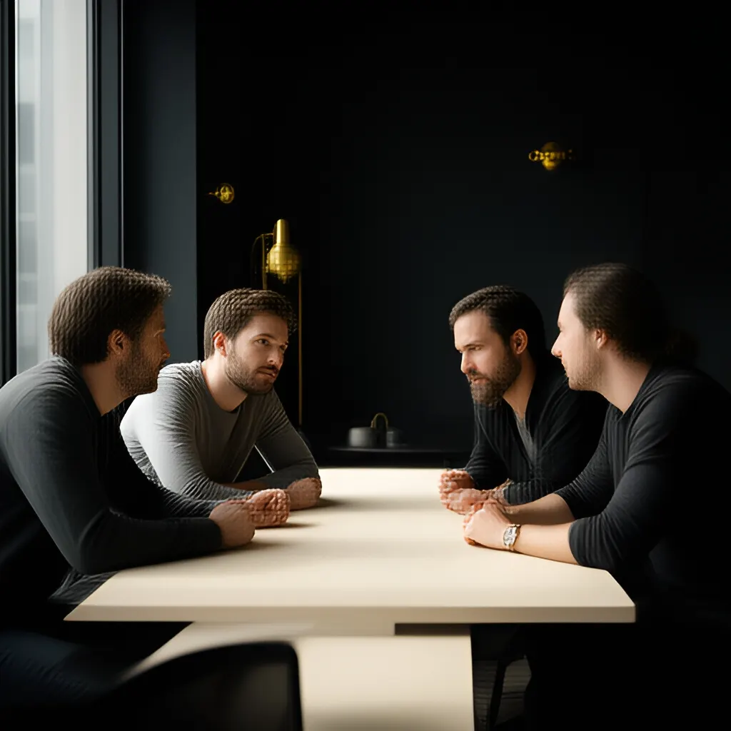 Editorial photograph of a small startup team in a candid working discussion around a shared table, natural expressions, restrained modern office, wide composition. Supports the section "The actual problem" in "Remote Work Needs Decision Rules, Not More Meetings".