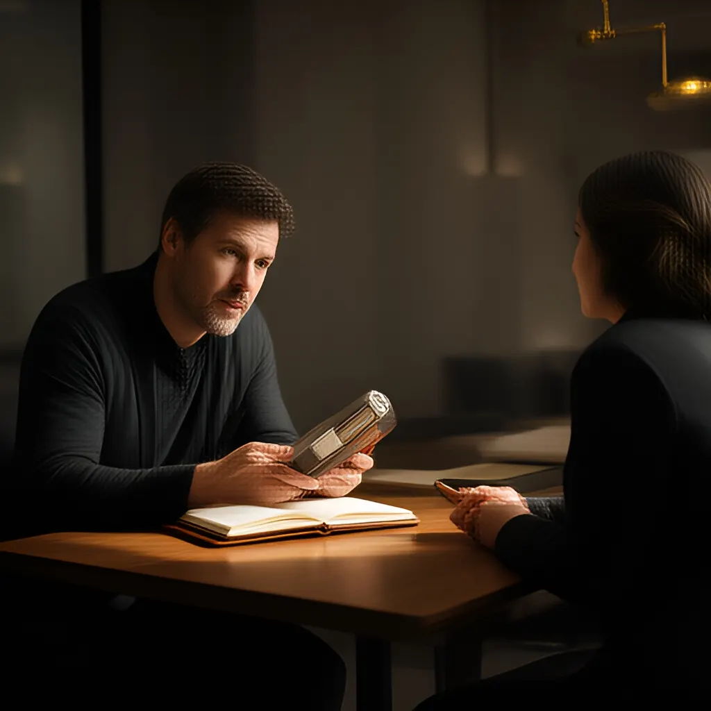 Editorial photograph of a founder listening carefully to a customer across a small meeting table with an open notebook and a real product sample, natural candid wide composition. Supports the section "What may actually be happening" in "Restoring Team Energy".