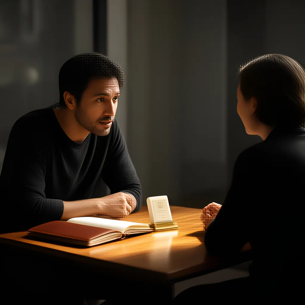 Editorial photograph of a founder listening carefully to a customer across a small meeting table with an open notebook and a real product sample, natural candid wide composition. Supports the section "Start with the question" in "How to Use Retention Evidence to Distinguish Product-Market Fit From Initial Excitement".