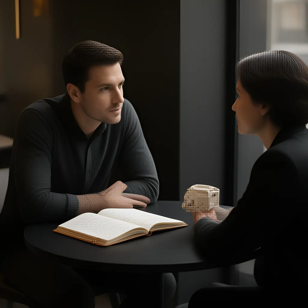 Editorial photograph of a founder listening carefully to a customer across a small meeting table with an open notebook and a real product sample, natural candid wide composition. Supports the section "Define the risk before the date" in "Do Not Wait for the Perfect Launch: Define the Evidence You Need First".