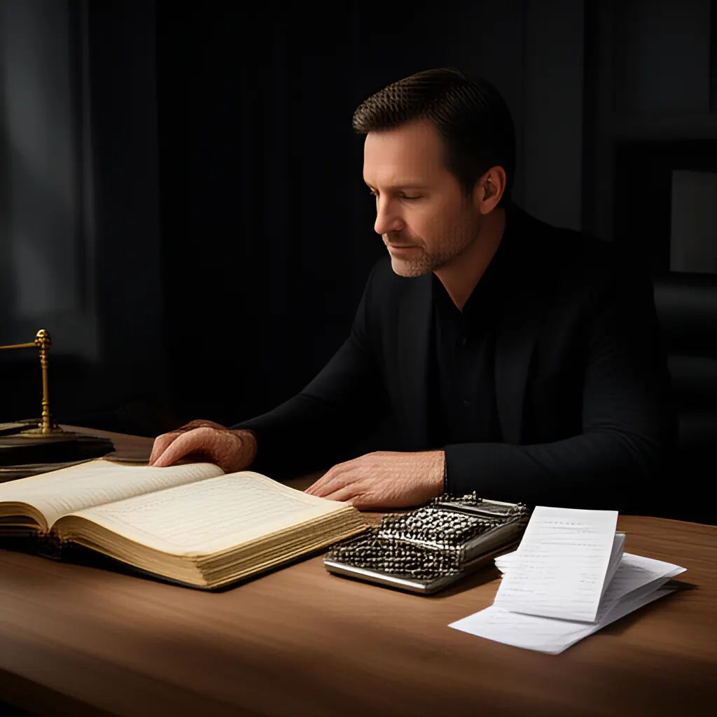 Editorial photograph of a founder at a real worktable comparing a paper ledger, a calculator and a few invoices in a quiet, naturally lit office, photographed in a wide establishing composition. Supports the section "Where risk lives in the buyer's mind" in "Risk Reversal".