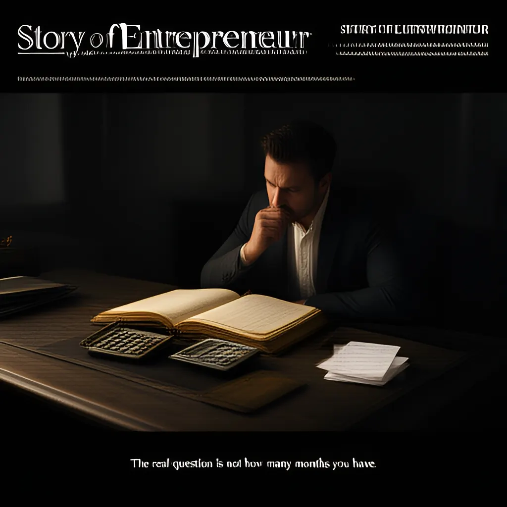 Editorial photograph of a founder at a real worktable comparing a paper ledger, a calculator and a few invoices in a quiet, naturally lit office, photographed in a wide establishing composition. Supports the section "The real question is not how many months you have" in "Runway Is a Cash-Timing Problem, Not Just a Burn-Rate Number".