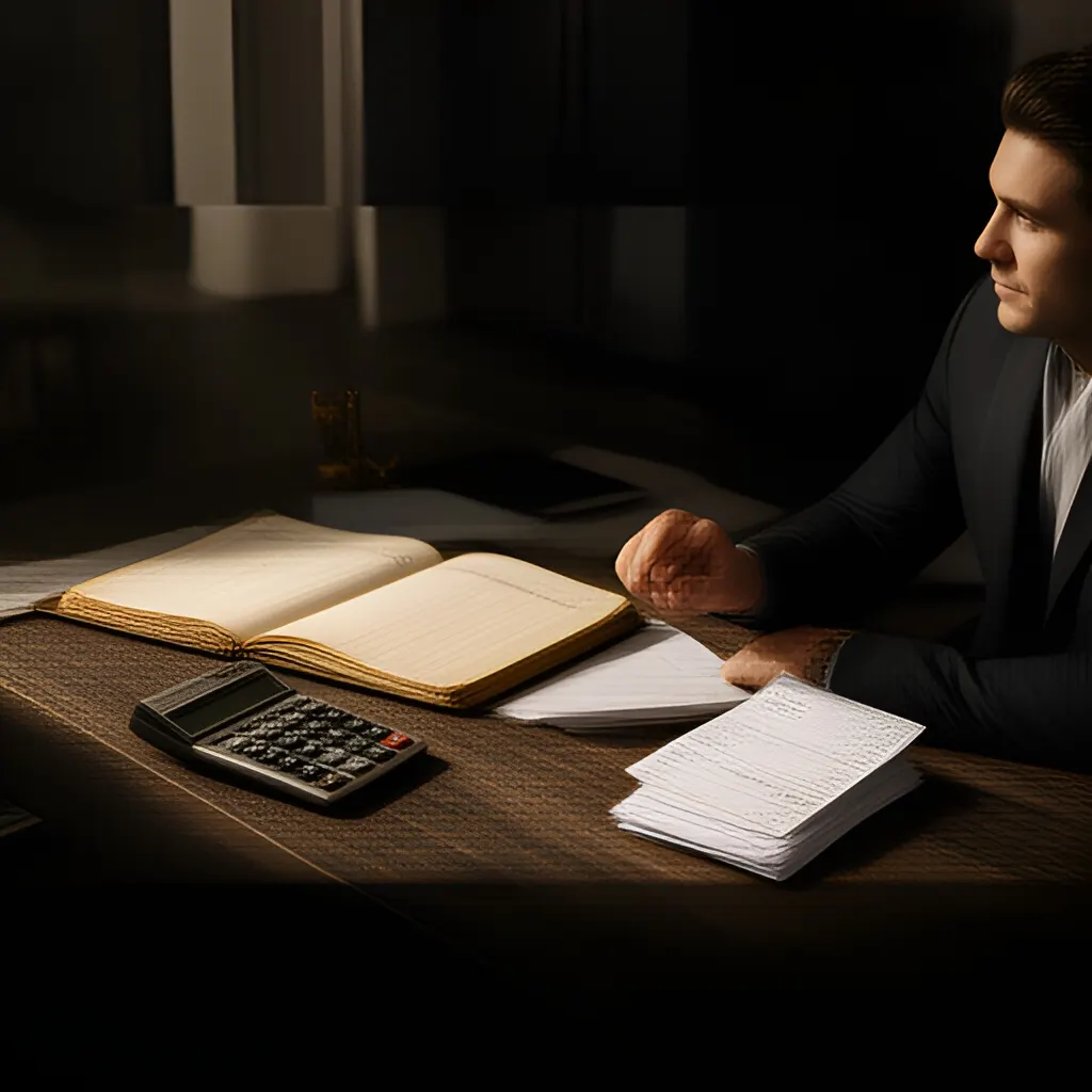 Editorial photograph of a founder at a real worktable comparing a paper ledger, a calculator and a few invoices in a quiet, naturally lit office, photographed in a wide establishing composition. Supports the section "The short answer" in "How to Model Runway When Growth, Hiring, and Cash Collection Are Uncertain".