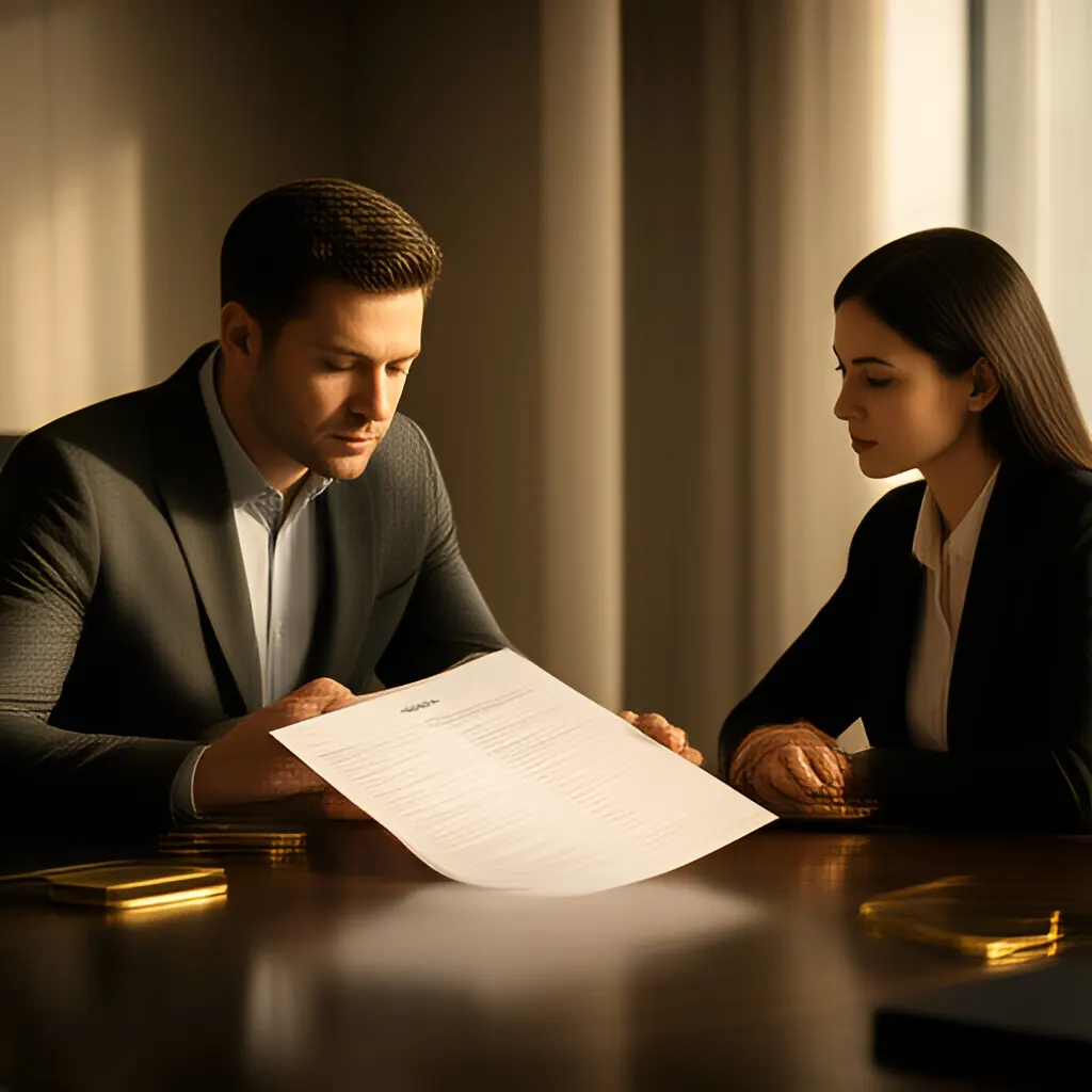 Editorial photograph of a founder and client reviewing a printed scope document across a meeting table, calm professional body language, wide natural-light composition. Supports the section "Define the stages" in "Sales Funnel".