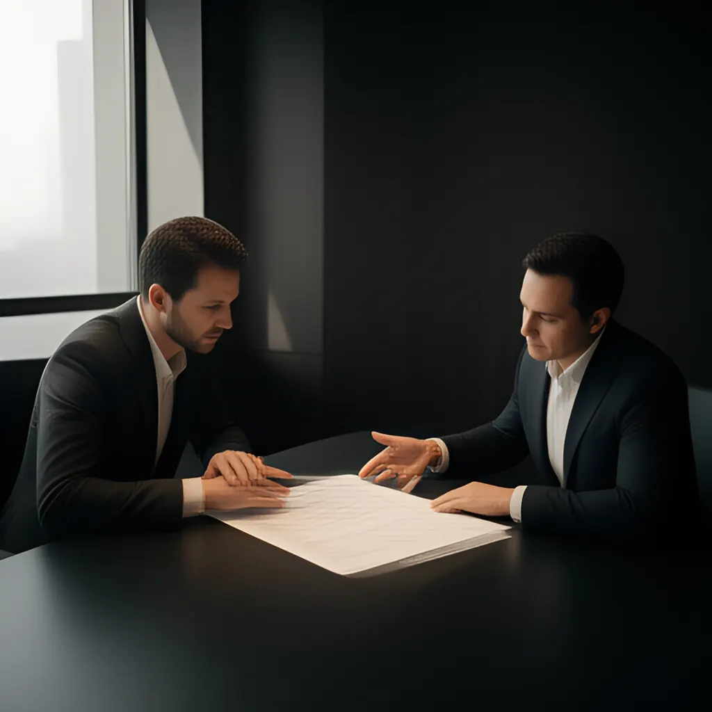 Editorial photograph of a founder and client reviewing a printed scope document across a meeting table, calm professional body language, wide natural-light composition. Supports the section "Sales Psychology" in "Sales Psychology".