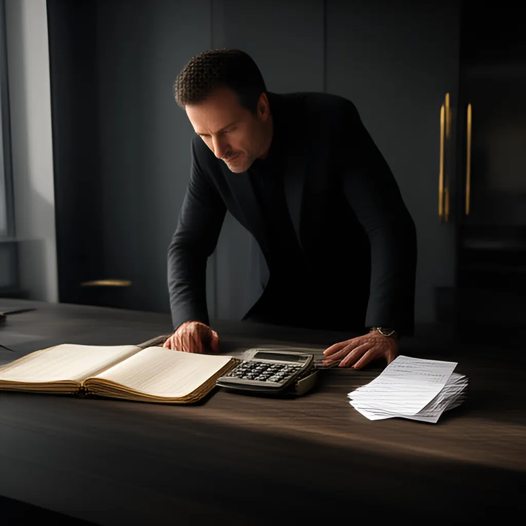 Editorial photograph of a founder at a real worktable comparing a paper ledger, a calculator and a few invoices in a quiet, naturally lit office, photographed in a wide establishing composition. Supports the section "The decision memo" in "How to Structure a First Salesperson's Compensation Without Making the Plan the Strategy".