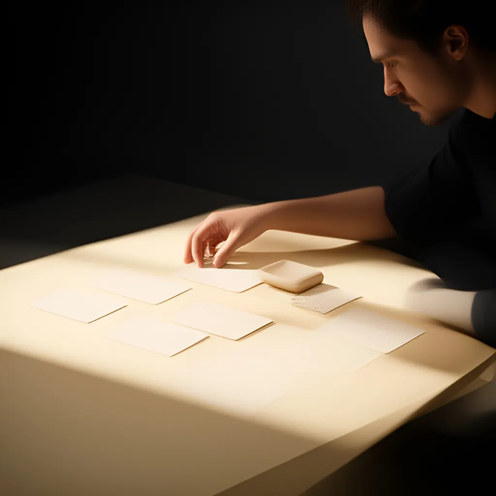 Editorial photograph of a founder arranging several blank paper cards and a simple product sample on a warm ivory studio table while considering brand direction, wide editorial composition, no legible writing. Supports the section "A frustration is a clue, not proof of a market" in "Sara Blakely and Spanx: Solving a Specific Problem Before Building a Brand".