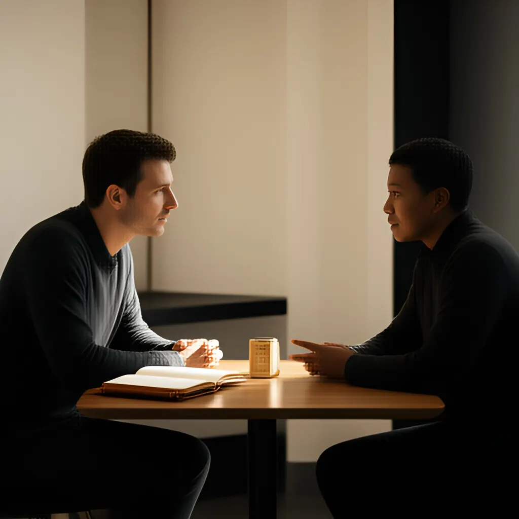 Editorial photograph of a founder listening carefully to a customer across a small meeting table with an open notebook and a real product sample, natural candid wide composition. Supports the section "Define your best-fit customer by behavior" in "Scaling the Wrong Customers Makes the Business Harder".