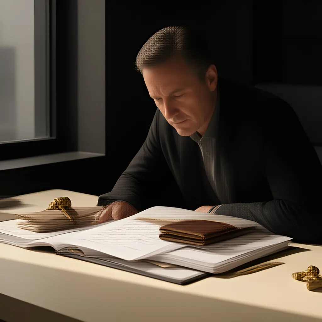 Editorial photograph of a founder studying a real working document and a relevant physical object on a warm ivory desk in a restrained modern workspace, natural candid wide editorial composition. Supports the section "Related SOE knowledge" in "Build a Company That Can Outlive Its Founder".