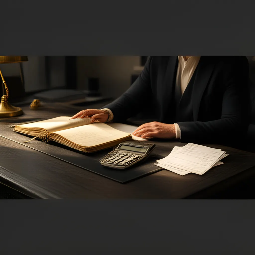 Editorial photograph of a founder at a real worktable comparing a paper ledger, a calculator and a few invoices in a quiet, naturally lit office, photographed in a wide establishing composition. Supports the section "Define the proof point first" in "Raise Capital for a Milestone, Not for Momentum".