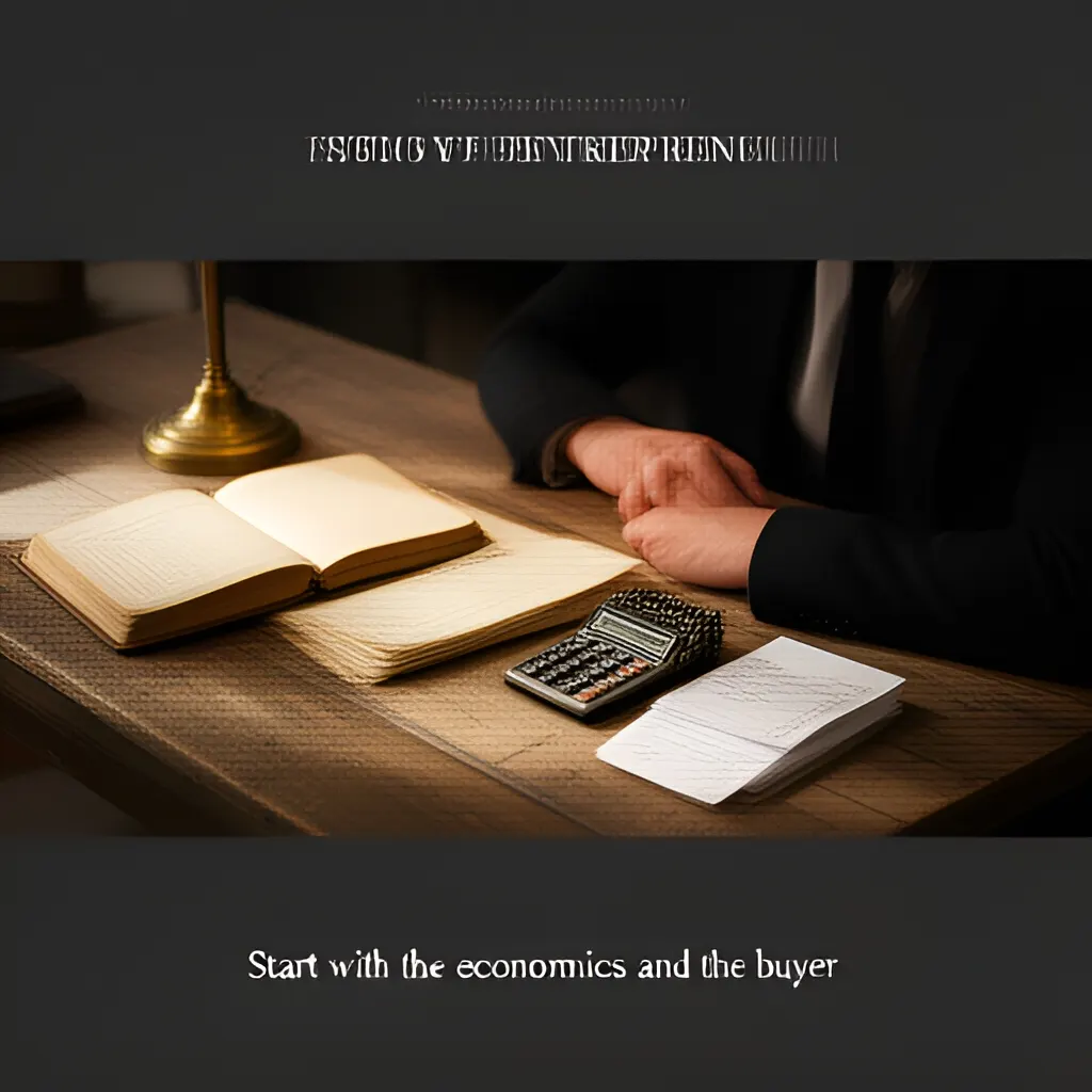 Editorial photograph of a founder at a real worktable comparing a paper ledger, a calculator and a few invoices in a quiet, naturally lit office, photographed in a wide establishing composition. Supports the section "Start with the economics and the buyer" in "Setting Prices".