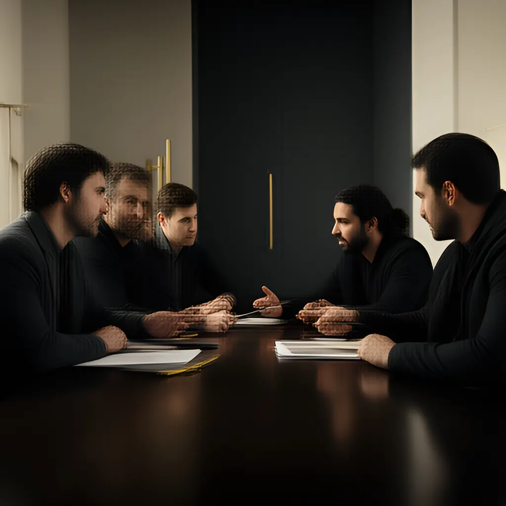 Editorial photograph of a small startup team in a candid working discussion around a shared table, natural expressions, restrained modern office, wide composition. Supports the section "The short answer" in "Founder Exit Transition: What Happens After a Sale?".