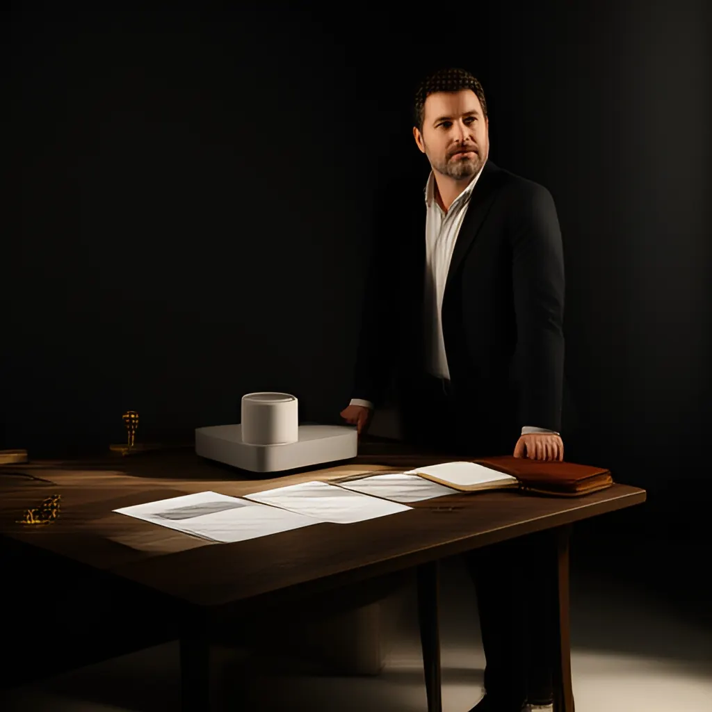 Editorial photograph of a founder standing beside a worktable with a physical prototype and a few neatly arranged planning notes in a calm studio, wide editorial composition. Supports the section "The question" in "The Email Looks Real. The Decision Is the Trap.".