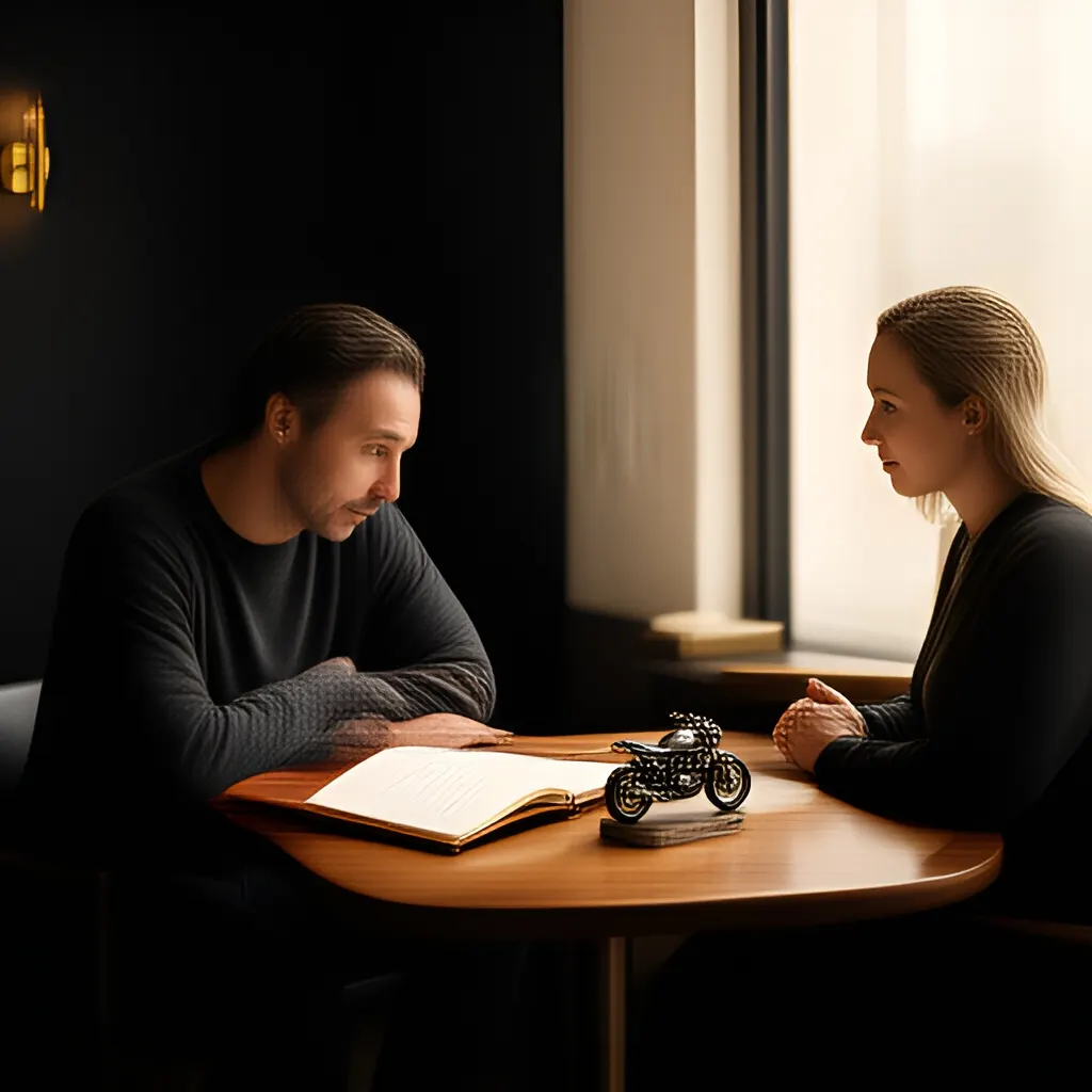 Editorial photograph of a founder listening carefully to a customer across a small meeting table with an open notebook and a real product sample, natural candid wide composition. Supports the section "The unexpected mismatch" in "Soichiro Honda: How a Difficult U.S. Launch Became a Lesson in Market Entry".