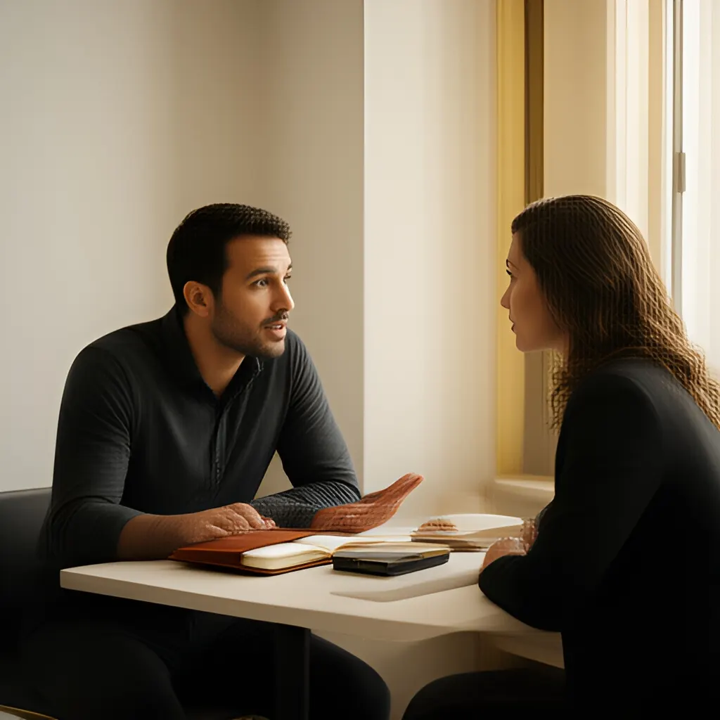 Editorial photograph of a founder listening carefully to a customer across a small meeting table with an open notebook and a real product sample, natural candid wide composition. Supports the section "Solo does not have to mean isolated" in "How to Operate Through a Solo-Founder Year".