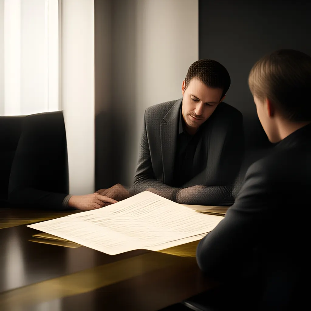 Editorial photograph of a founder and client reviewing a printed scope document across a meeting table, calm professional body language, wide natural-light composition. Supports the section "The founder field guide" in "When to Standardize an Offer Instead of Accepting More Custom Work".