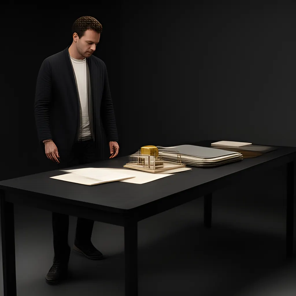 Editorial photograph of a founder standing beside a worktable with a physical prototype and a few neatly arranged planning notes in a calm studio, wide editorial composition. Supports the section "What the Start Canvas is for" in "Start Canvas".