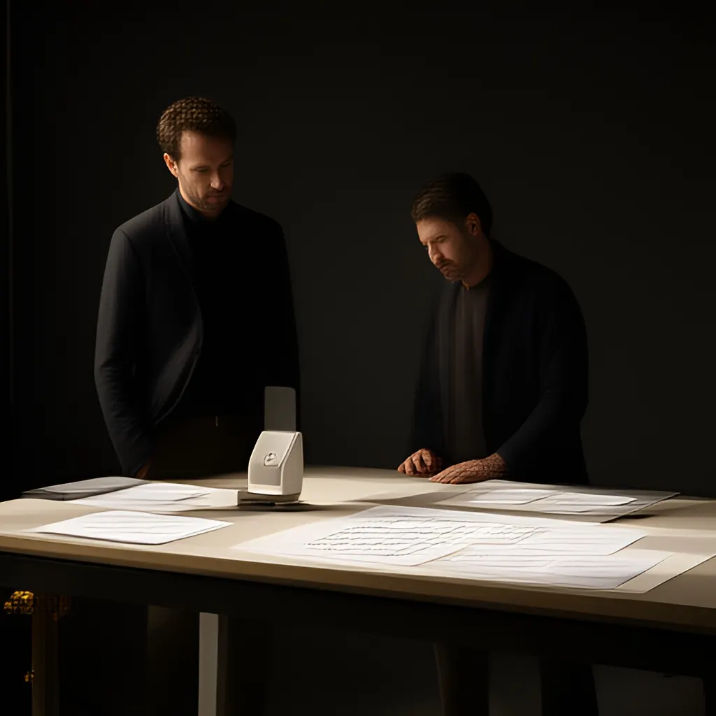 Editorial photograph of a founder standing beside a worktable with a physical prototype and a few neatly arranged planning notes in a calm studio, wide editorial composition. Supports the section "Starting at the Right Time" in "Starting at the Right Time".