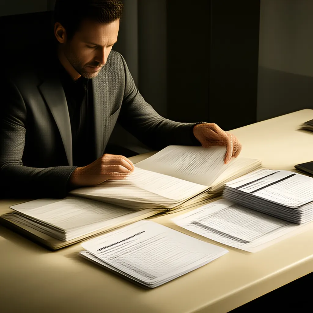 Editorial photograph of a founder studying a real working document and a relevant physical object on a warm ivory desk in a restrained modern workspace, natural candid wide editorial composition. Supports the section "1. Ownership" in "Startup Exit Readiness Framework".