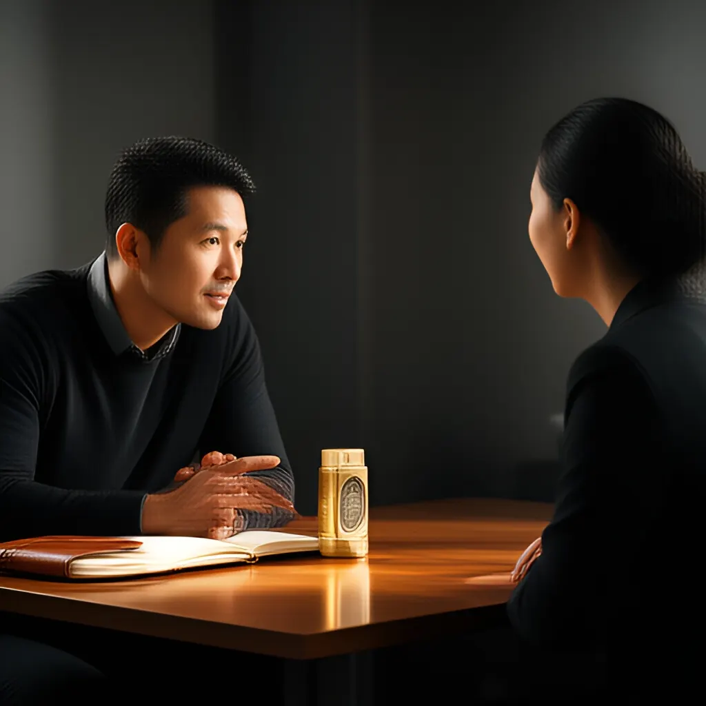Editorial photograph of a founder listening carefully to a customer across a small meeting table with an open notebook and a real product sample, natural candid wide composition. Supports the section "The decision in plain English" in "How to Run Stay Interviews in a Small Company Without Making Them Performative".