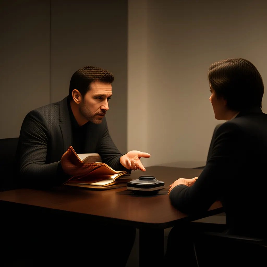Editorial photograph of a founder listening carefully to a customer across a small meeting table with an open notebook and a real product sample, natural candid wide composition. Supports the section "The myth of saying no" in "Steve Jobs at Apple: Why Focus Sometimes Means Saying No to Good Products".