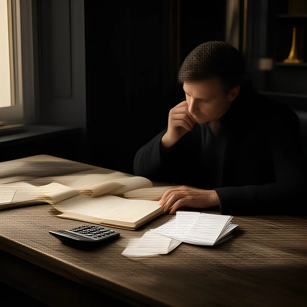 Editorial photograph of a founder at a real worktable comparing a paper ledger, a calculator and a few invoices in a quiet, naturally lit office, photographed in a wide establishing composition. Supports the section "Give the story a job" in "A Story Is Not a Pitch: Give Each One a Different Job".