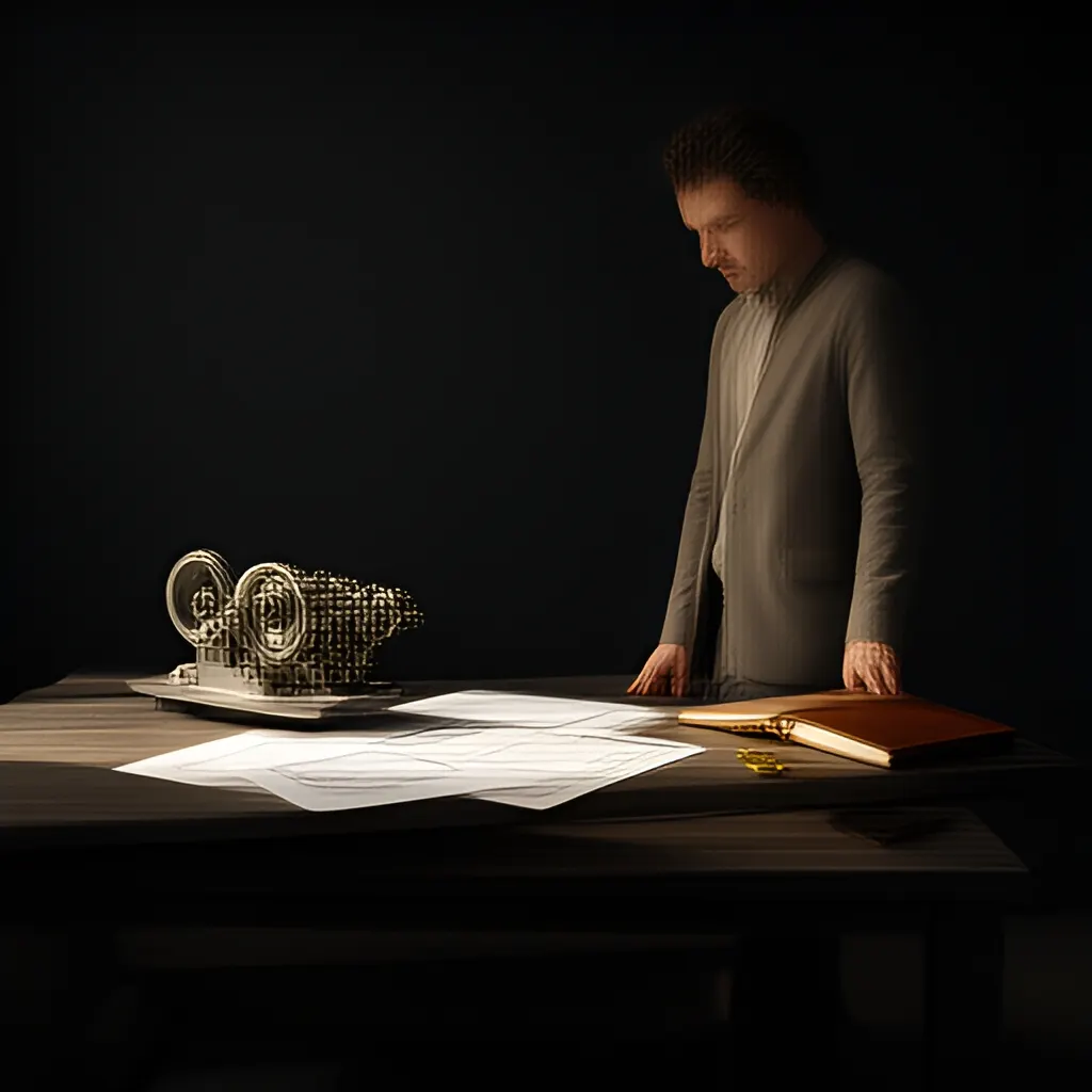 Editorial photograph of a founder standing beside a worktable with a physical prototype and a few neatly arranged planning notes in a calm studio, wide editorial composition. Supports the section "The short answer" in "How to Build Strategy From Constraints Instead of Copying Competitors".