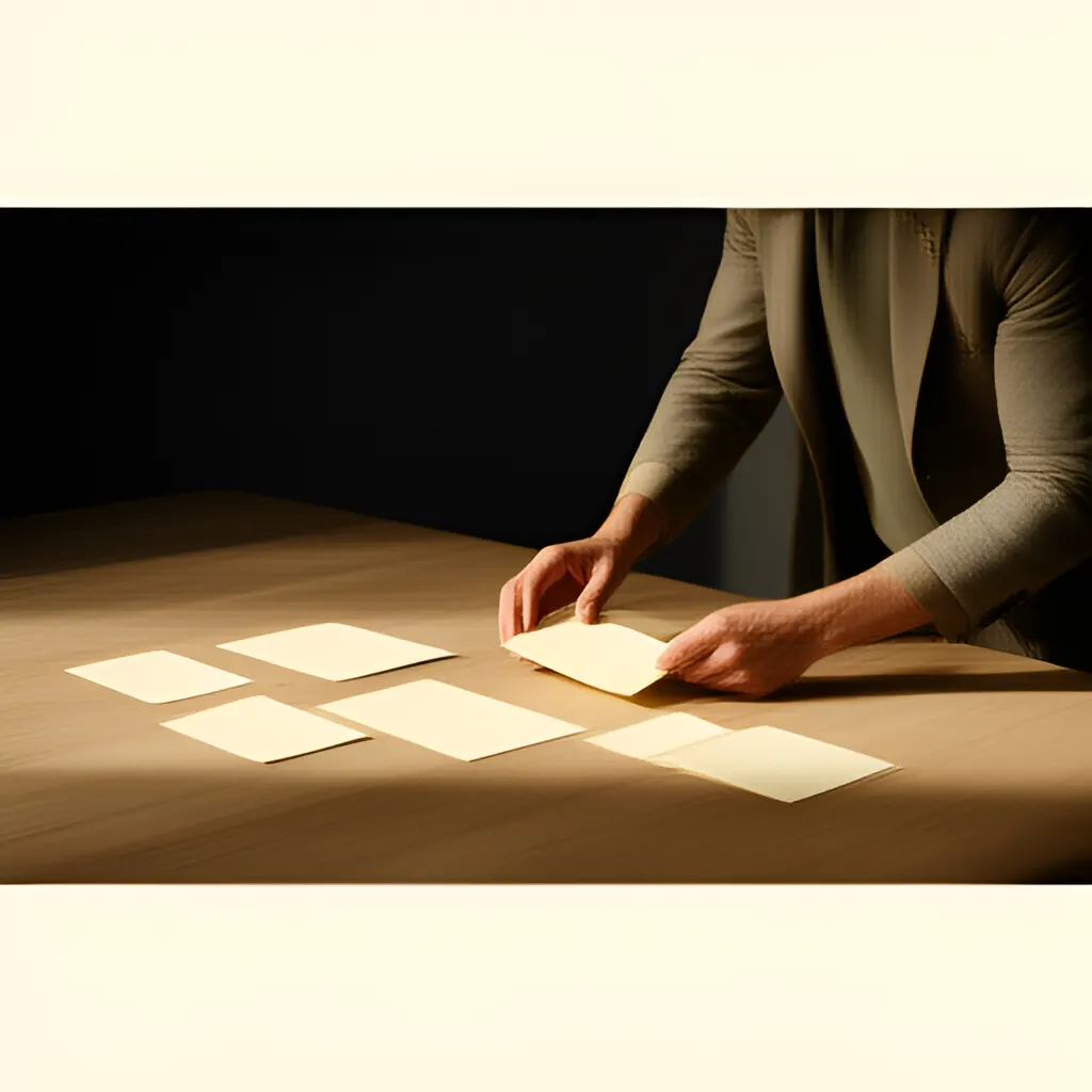 Editorial photograph of a founder arranging several blank paper cards and a simple product sample on a warm ivory studio table while considering brand direction, wide editorial composition, no legible writing. Supports the section "Clarity beats structure" in "Structuring a Small Team".