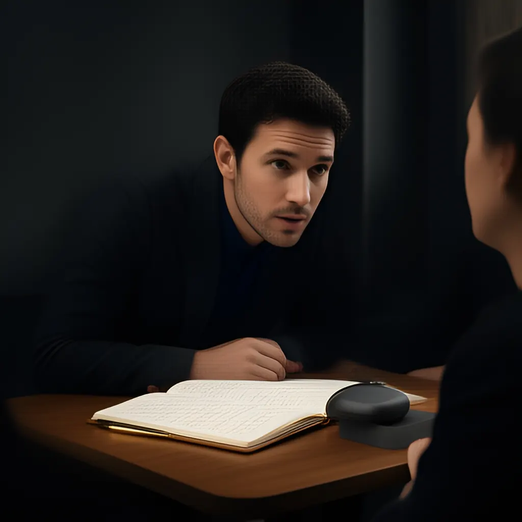 Editorial photograph of a founder listening carefully to a customer across a small meeting table with an open notebook and a real product sample, natural candid wide composition. Supports the section "The question" in "If Customers Cannot Easily Leave, Your Subscription Problem Is Bigger Than Churn".