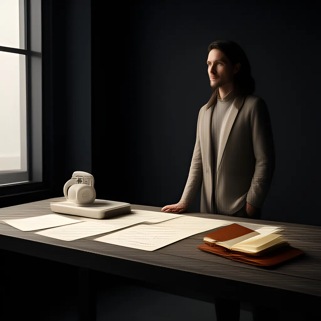 Editorial photograph of a founder standing beside a worktable with a physical prototype and a few neatly arranged planning notes in a calm studio, wide editorial composition. Supports the section "The decision in plain English" in "How Solo Founders Build a Support Network Before They Need One".