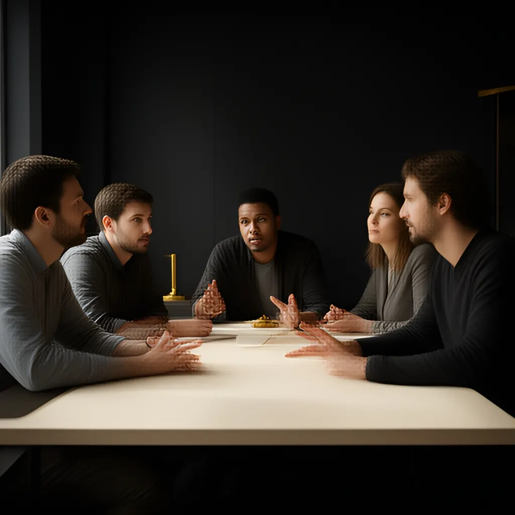 Editorial photograph of a small startup team in a candid working discussion around a shared table, natural expressions, restrained modern office, wide composition. Supports the section "Start with decisions, not titles" in "Do Not Build a Bigger Org Chart Before You Clarify Decision Ownership".