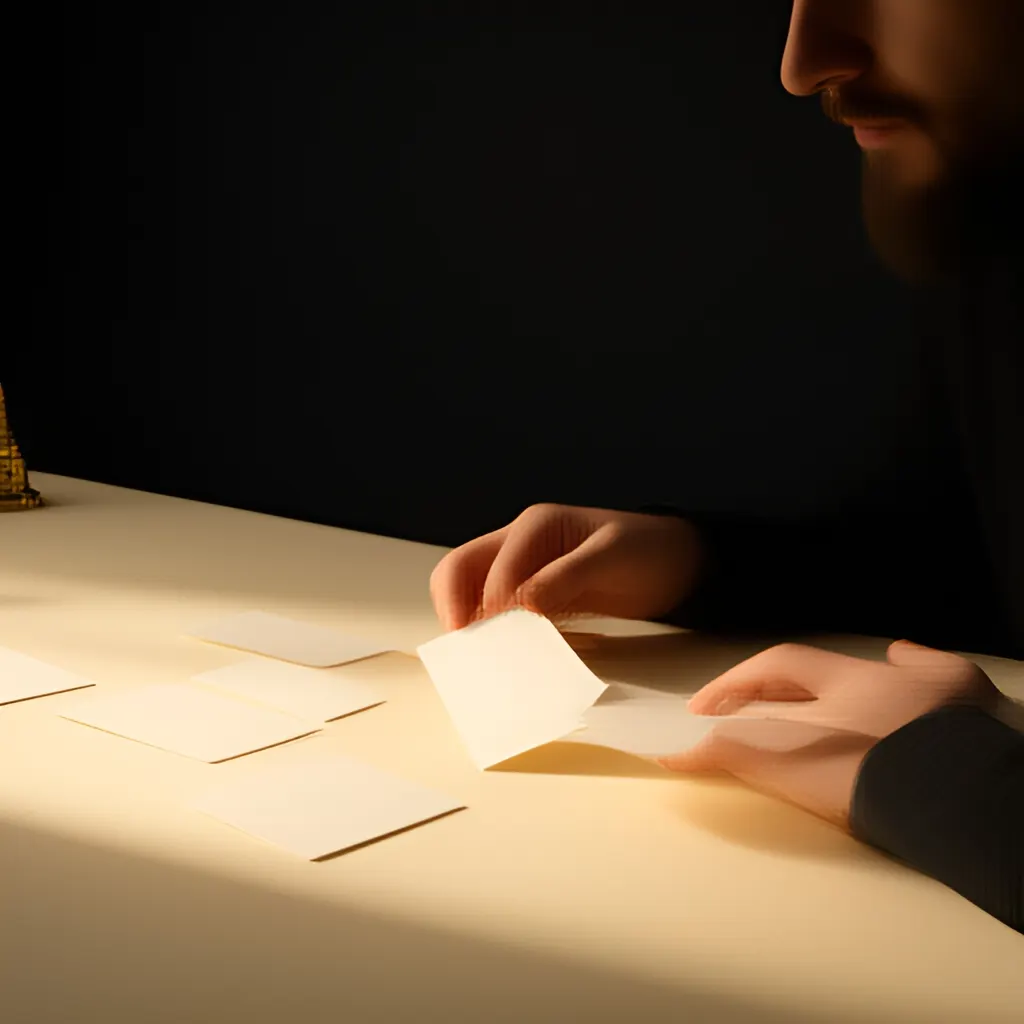 Editorial photograph of a founder arranging several blank paper cards and a simple product sample on a warm ivory studio table while considering brand direction, wide editorial composition, no legible writing. Supports the section "The useful answer" in "How to Test a Business Name Before Committing to the Brand".