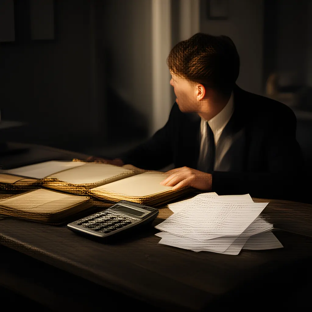 Editorial photograph of a founder at a real worktable comparing a paper ledger, a calculator and a few invoices in a quiet, naturally lit office, photographed in a wide establishing composition. Supports the section "Start with the problem" in "How to Test Demand Before Building the Whole Product".