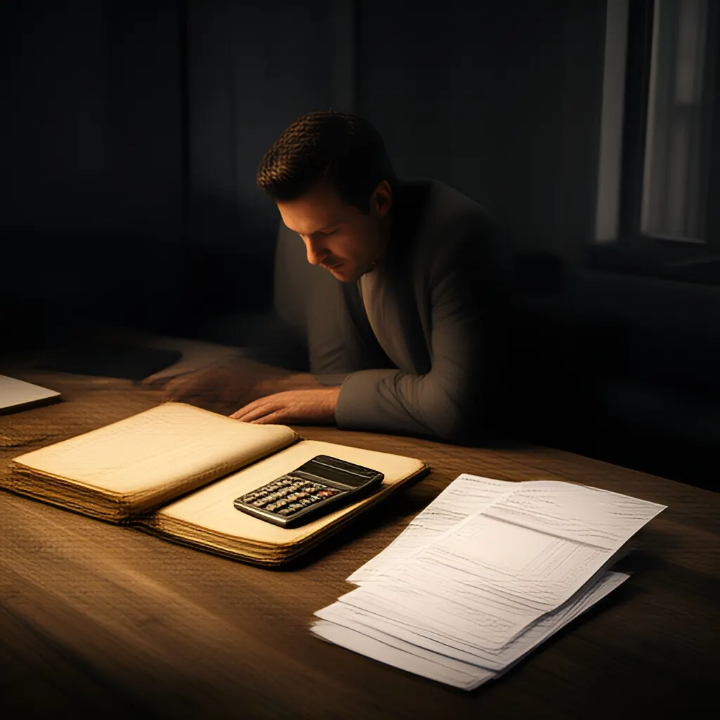 Editorial photograph of a founder at a real worktable comparing a paper ledger, a calculator and a few invoices in a quiet, naturally lit office, photographed in a wide establishing composition. Supports the section "What pricing tiers should solve" in "Tier Design Template".