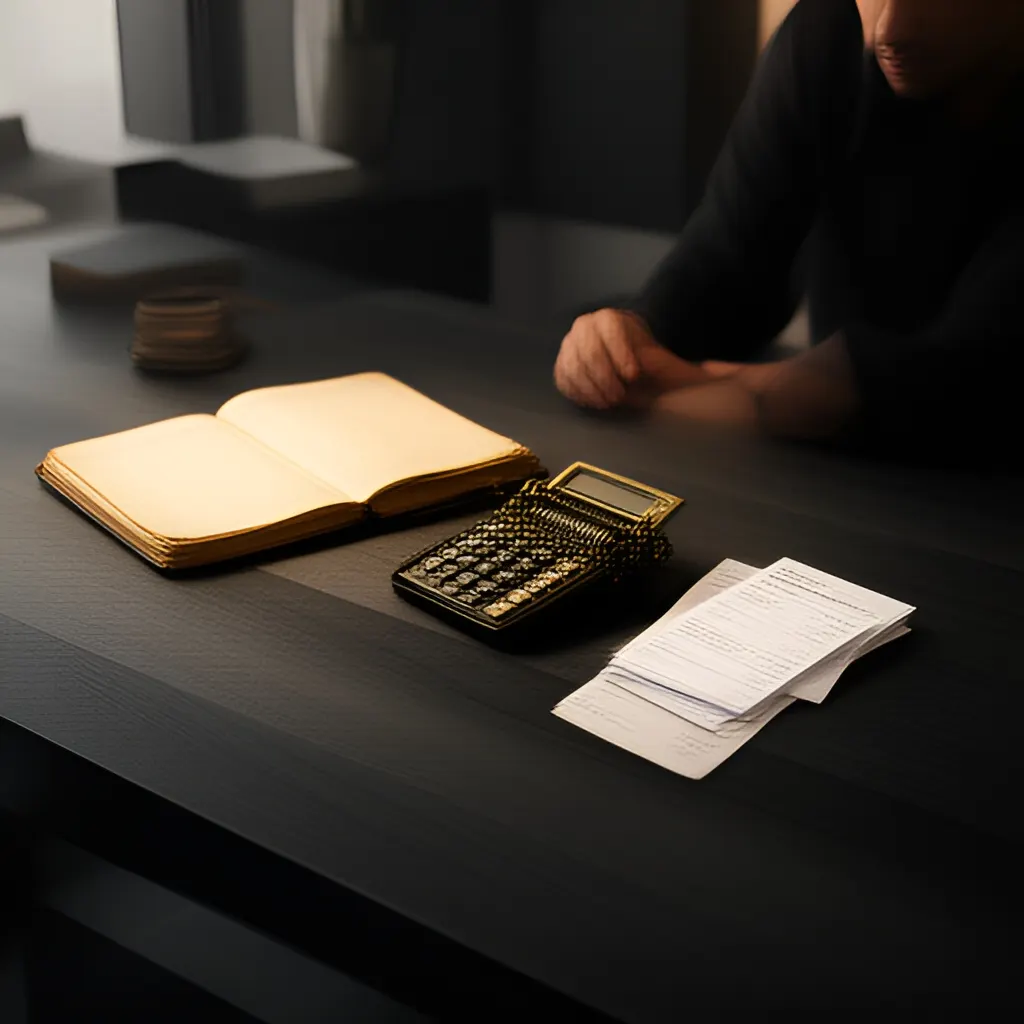 Editorial photograph of a founder at a real worktable comparing a paper ledger, a calculator and a few invoices in a quiet, naturally lit office, photographed in a wide establishing composition. Supports the section "Three tiers, not two or four" in "How do I design pricing tiers?".