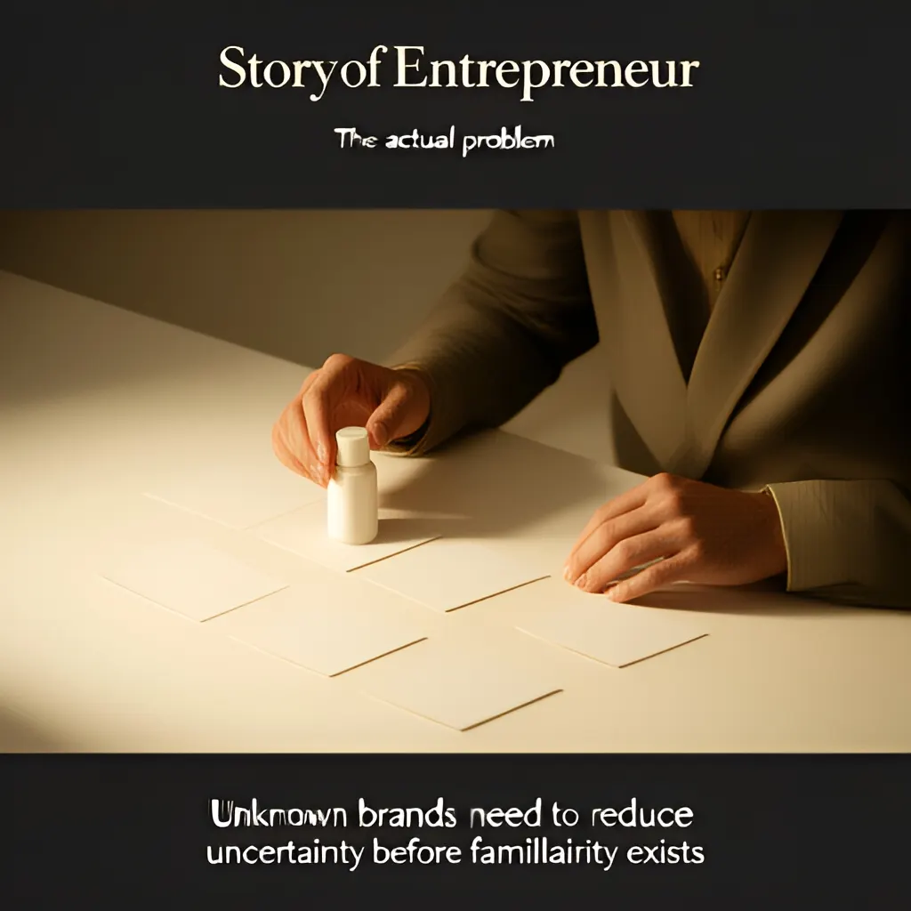 Editorial photograph of a founder arranging several blank paper cards and a simple product sample on a warm ivory studio table while considering brand direction, wide editorial composition, no legible writing. Supports the section "The actual problem" in "Trust Before Attention: Build Signals Buyers Can Verify".