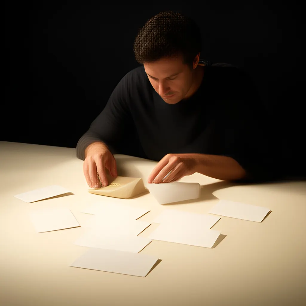 Editorial photograph of a founder arranging several blank paper cards and a simple product sample on a warm ivory studio table while considering brand direction, wide editorial composition, no legible writing. Supports the section "The short answer" in "Which Trust Signals Matter Most When Buyers Have Never Heard of You?".
