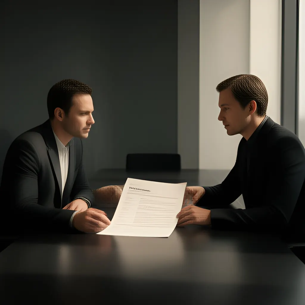 Editorial photograph of a founder and client reviewing a printed scope document across a meeting table, calm professional body language, wide natural-light composition. Supports the section "The actual problem" in "Turn a Vague Business Problem Into a Testable Question".